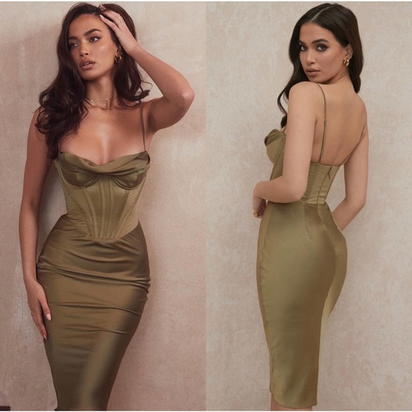 House of CB Dresses & Skirts - House of CB Women's Olive Green Myrna Satin Corset Midi Bodycon Dress Large